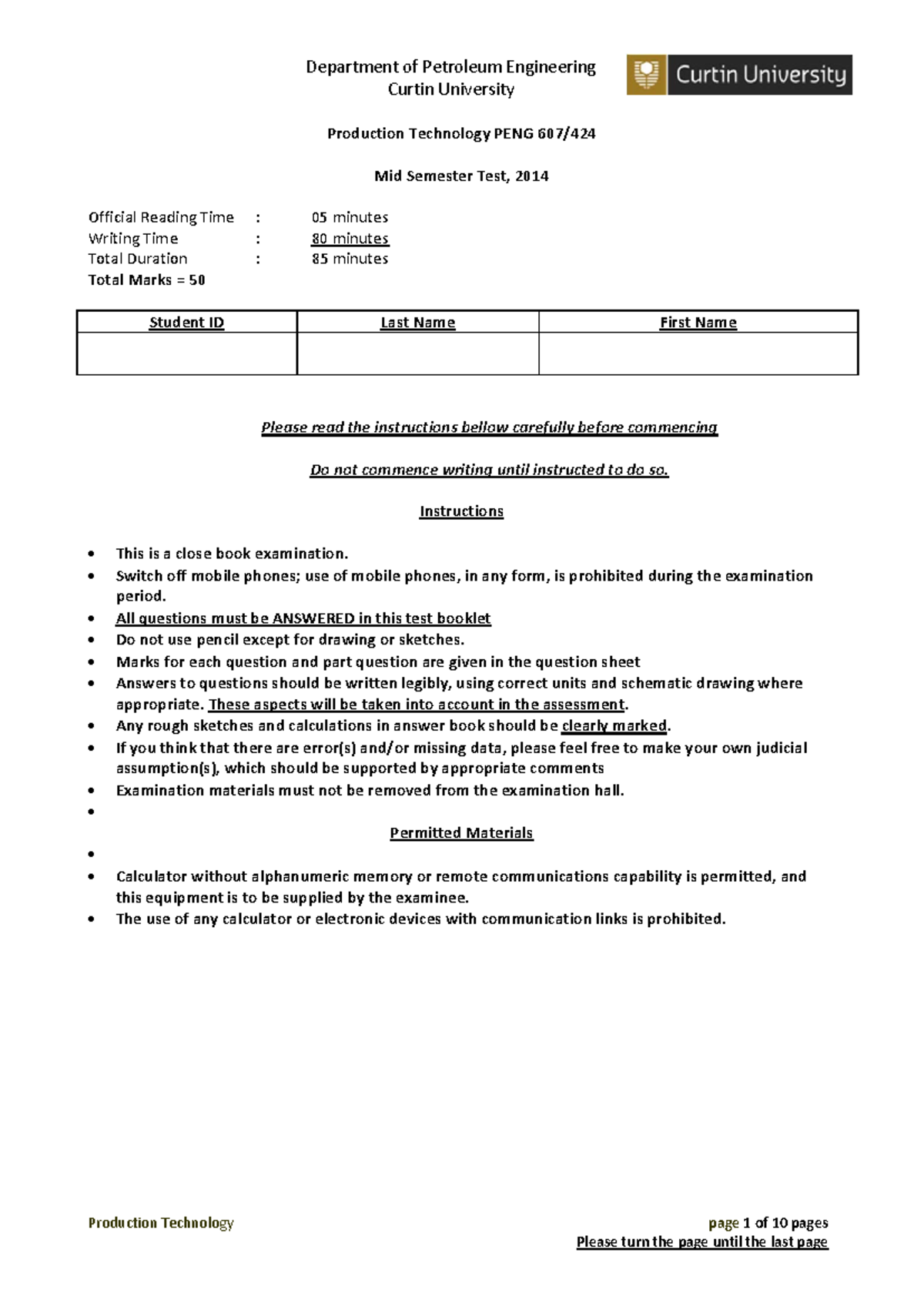 PENG 120 Production Technology Midsem Exam Q&A - April 2014 - Studocu