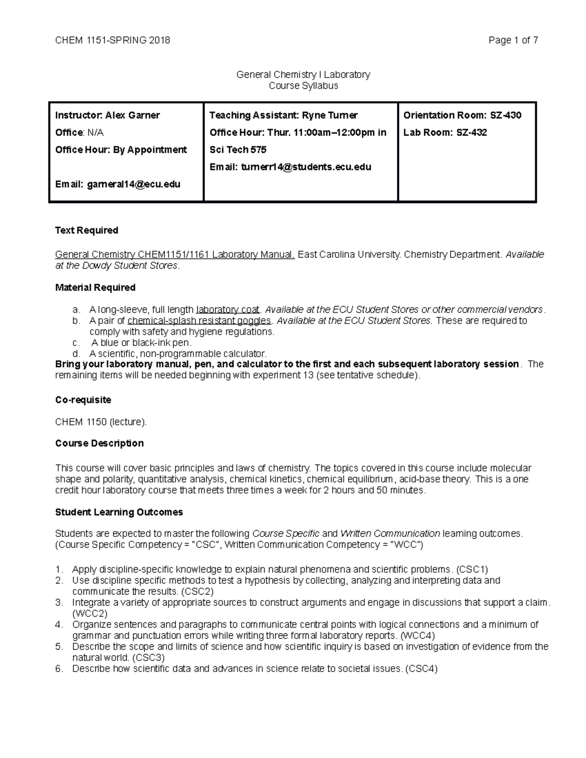 CHEM1151 Syllabi - CHEM 2018 Page 1 of 7 General Chemistry I Laboratory ...