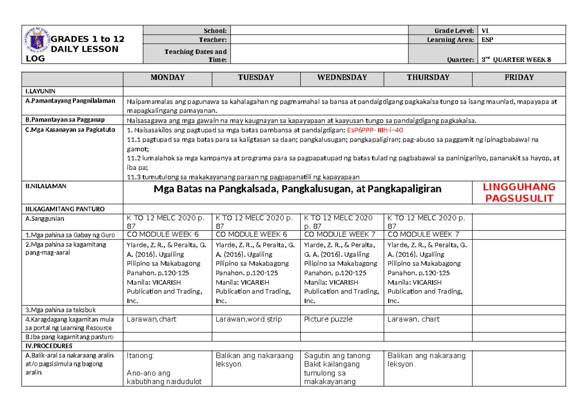 DLL MAPEH 6 Q3 W8 - Daily Lesson Log for Grade 6 Students - Studocu