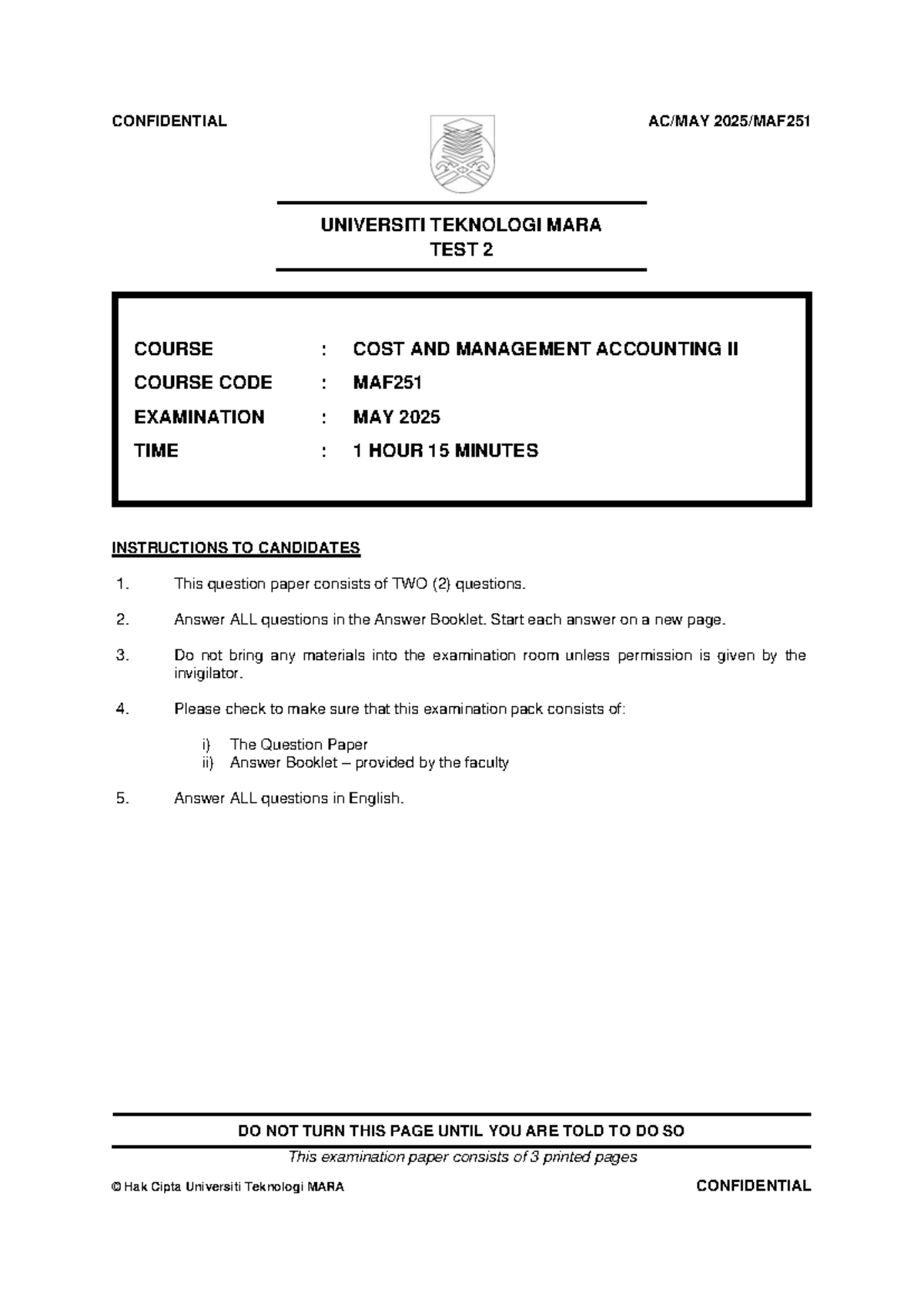 MAF251 TEST 2 MAY 2025 - Cost & Management Accounting Revision Qs - Studocu