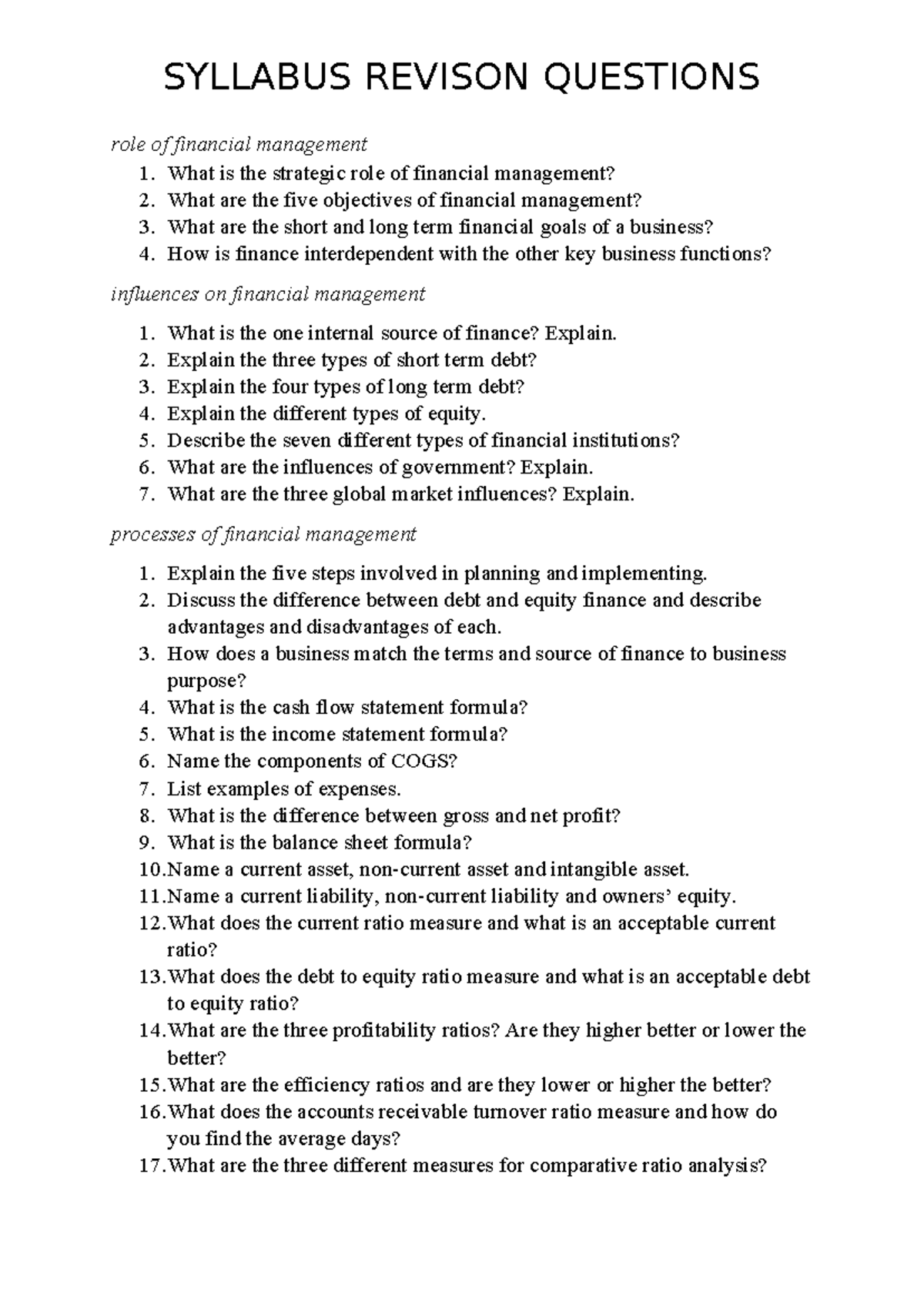Finance 2023 Exam: Syllabus Revision Questions for Financial Management ...