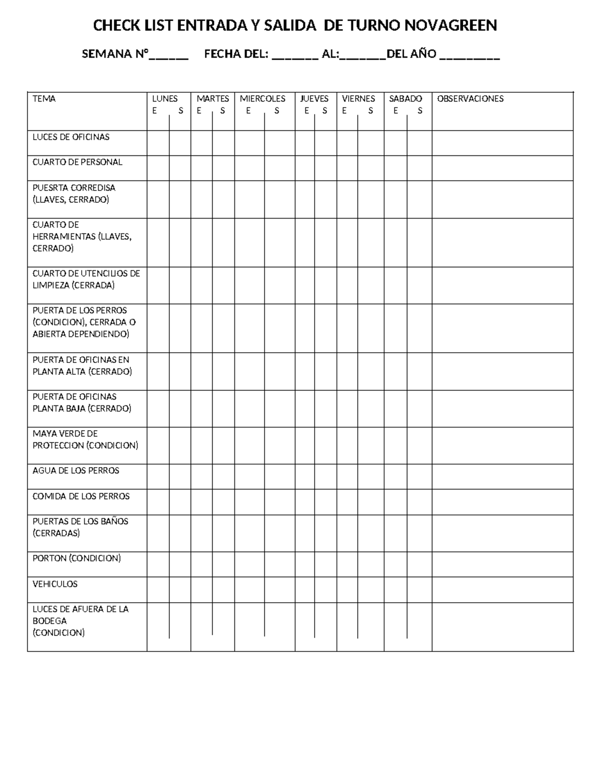 CHECK LIST ENTRADA Y SALIDA TURNO NOVAGREEN SEMANA N°____ - Studocu