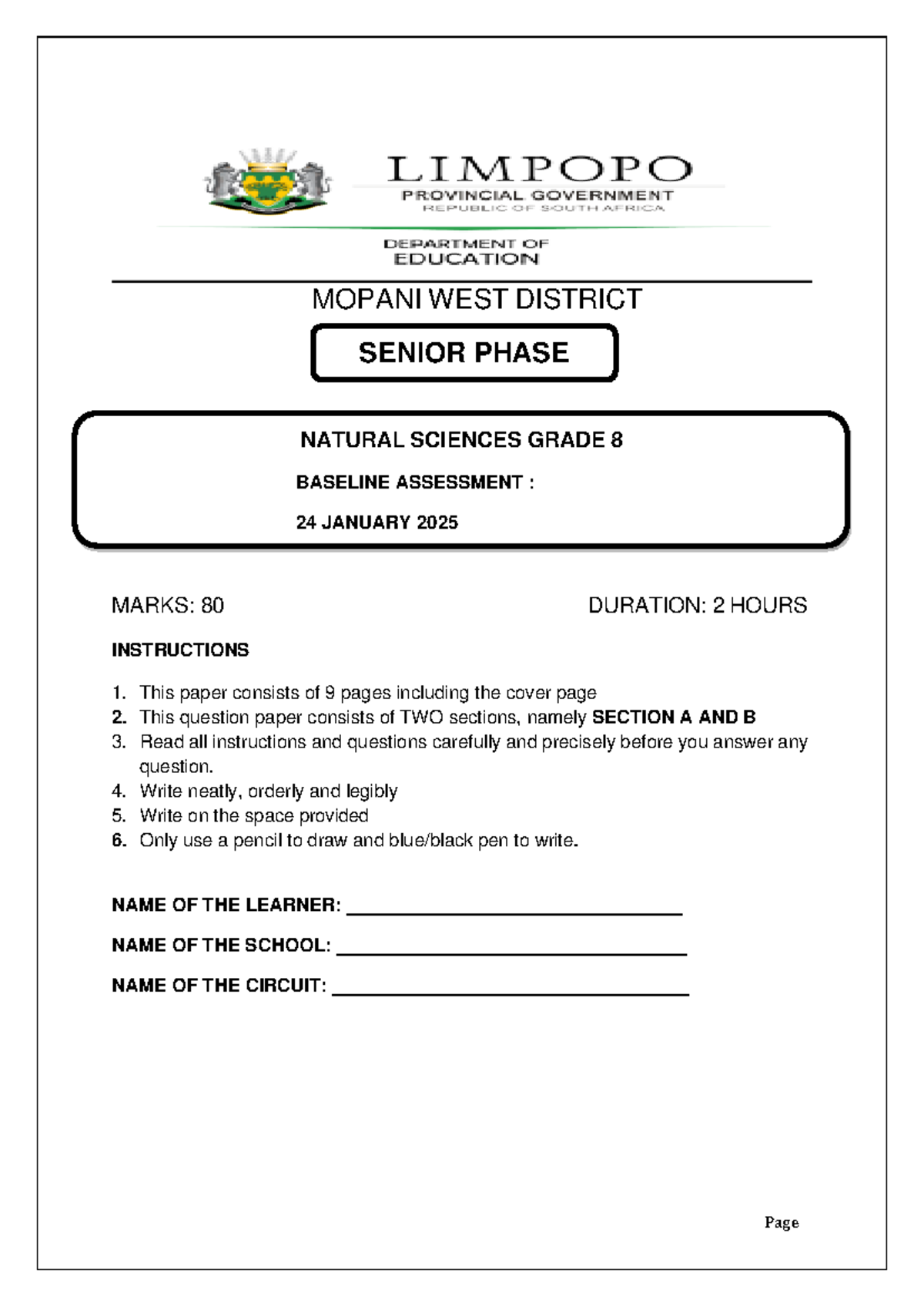 Grade 8 Natural Sciences Baseline Assessment 2025 (NS 2025) - Studocu