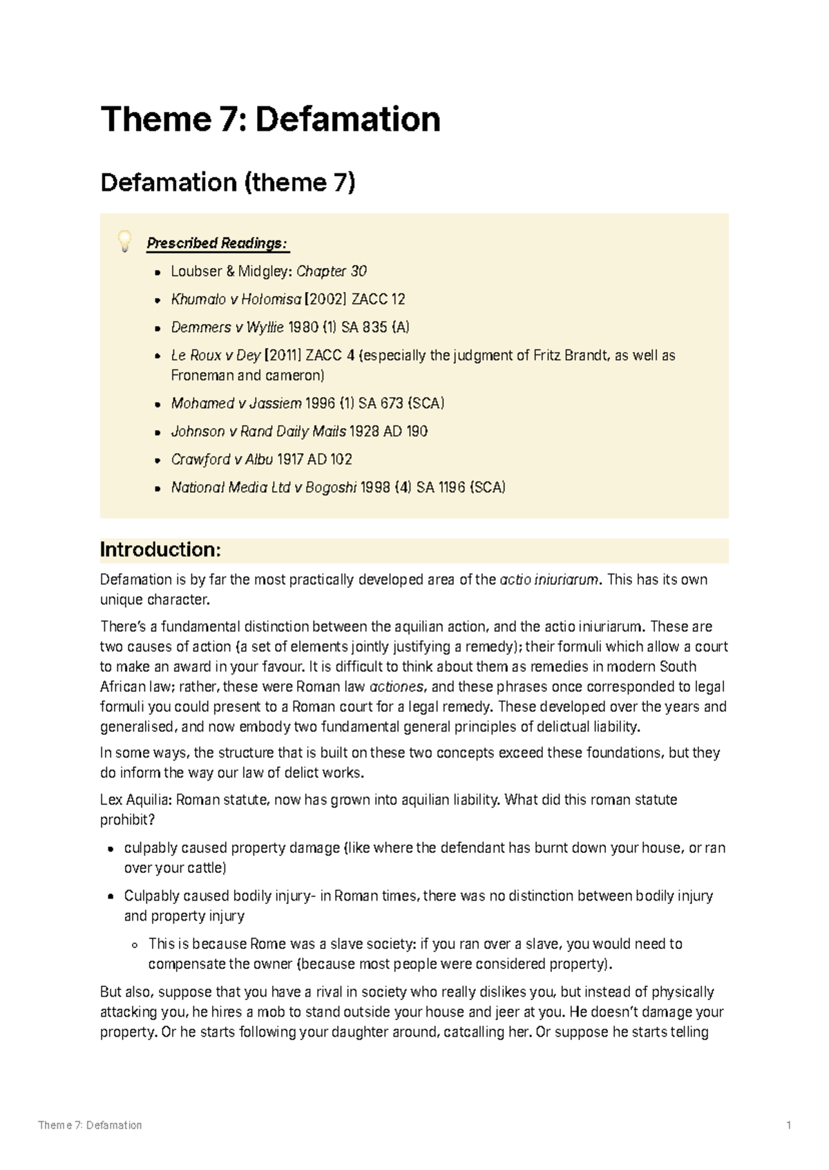 Theme 7: Defamation Summary - Key Cases and Legal Principles - Studocu