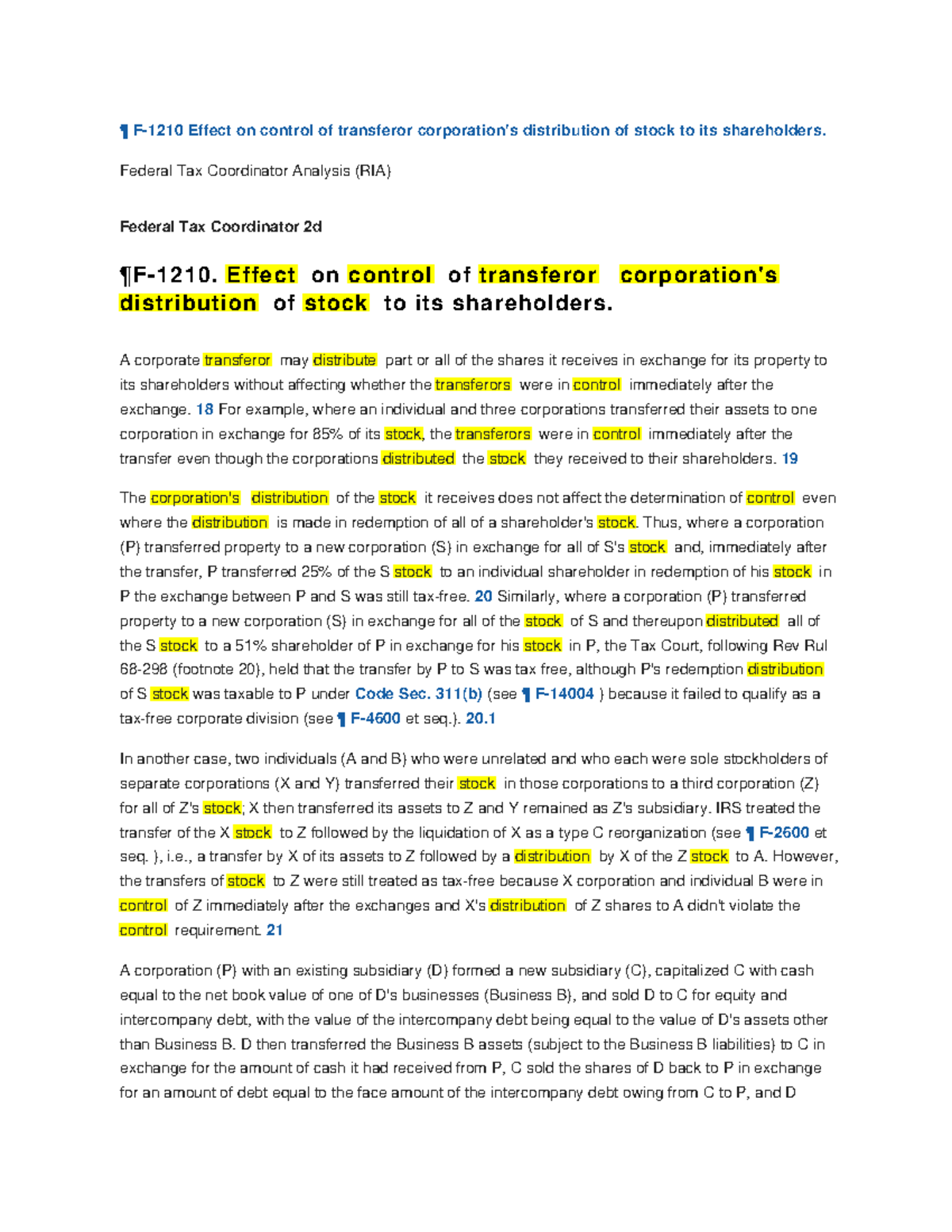 F 1210 Analysis of Control in Stock Distribution by Transferor ...
