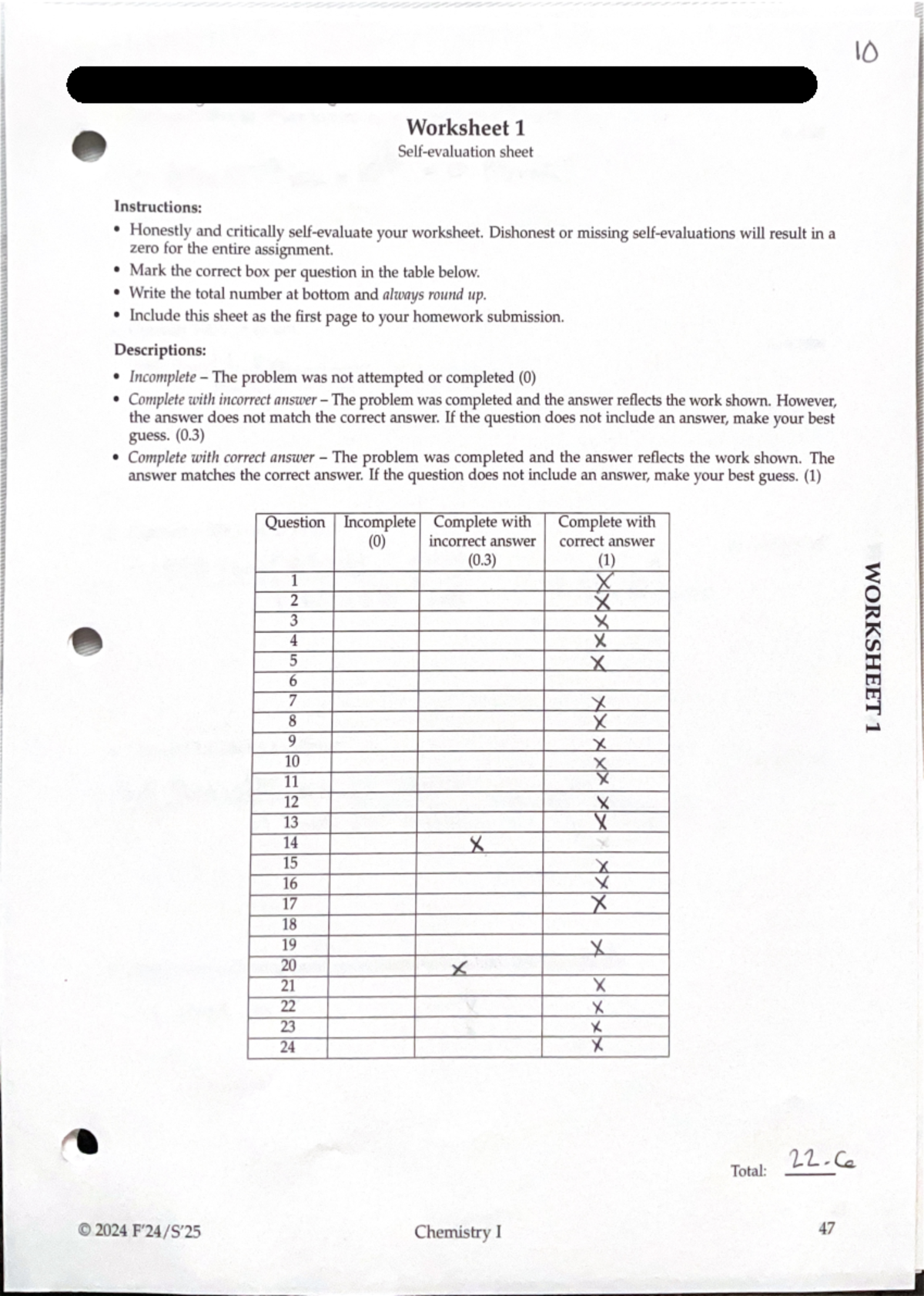 Chapter 1 homework 1 - 10 Worksheet 1 sheet Instructions: Honestly and ...