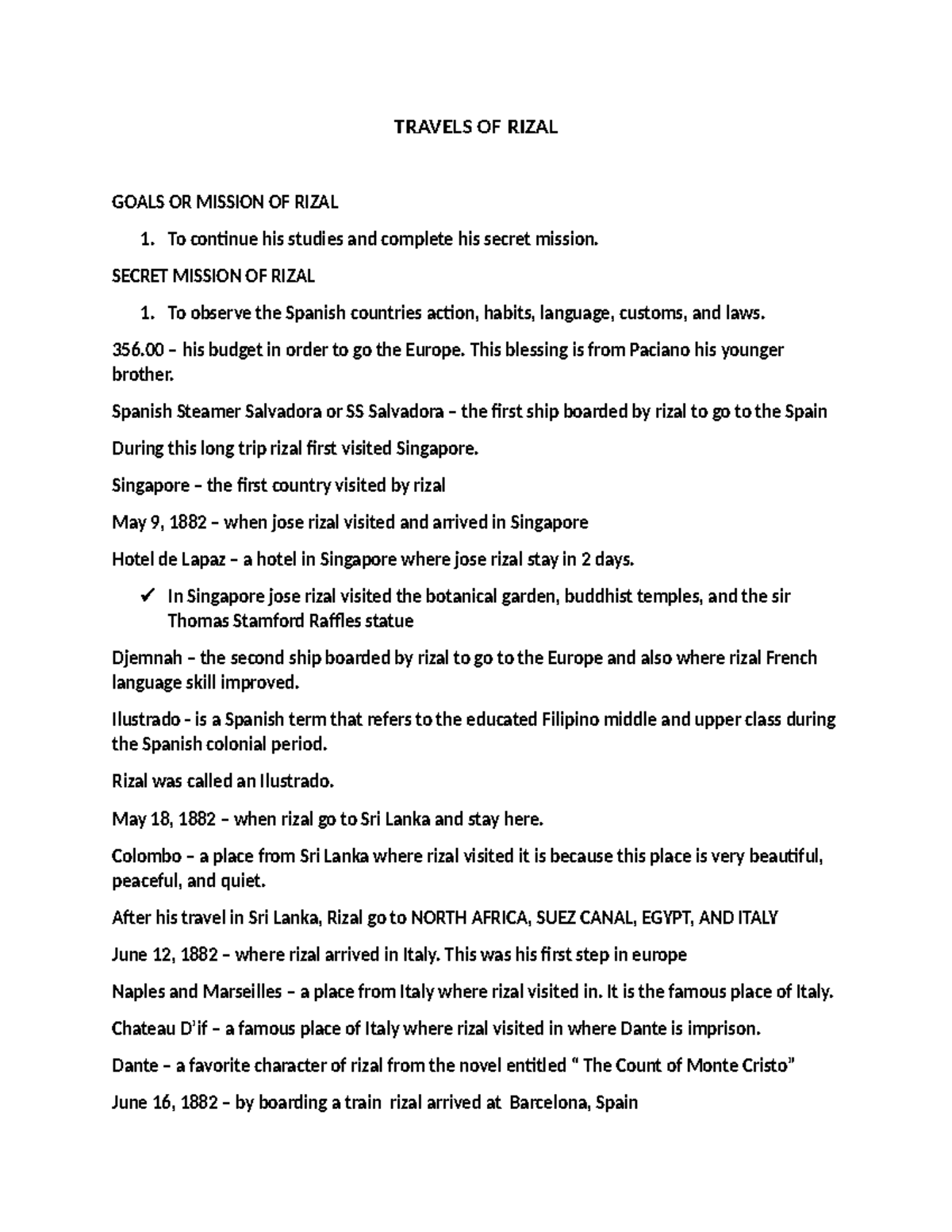 Travels of Rizal - Lecture Notes on His Goals and Missions - Studocu