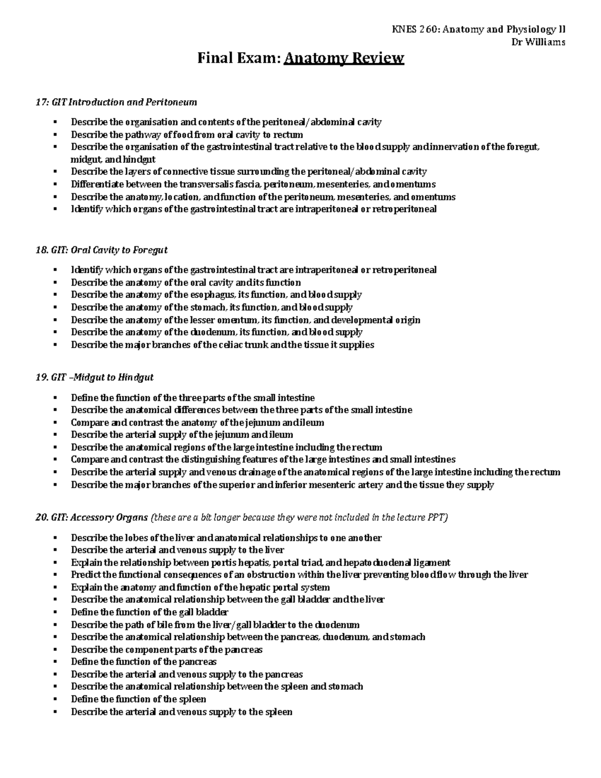 KNES 260: Final Exam Anatomy Review - Studocu