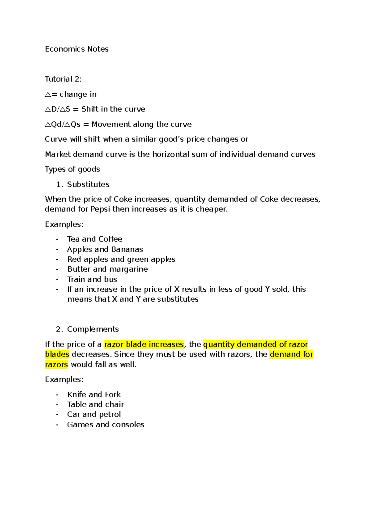 Economics Notes: Supply and Demand Tutorial 2 Insights - Studocu