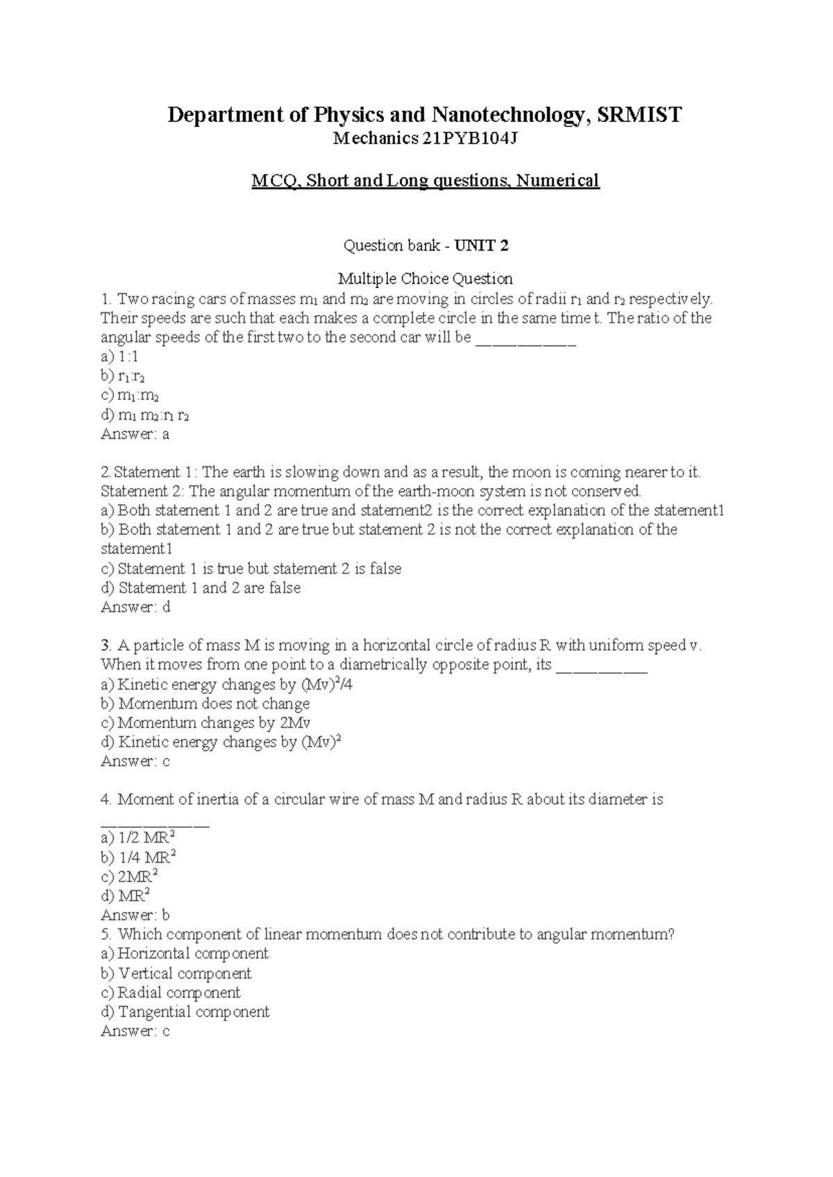 UNIT 2 Question bank - Practice material - Department of Physics and ...