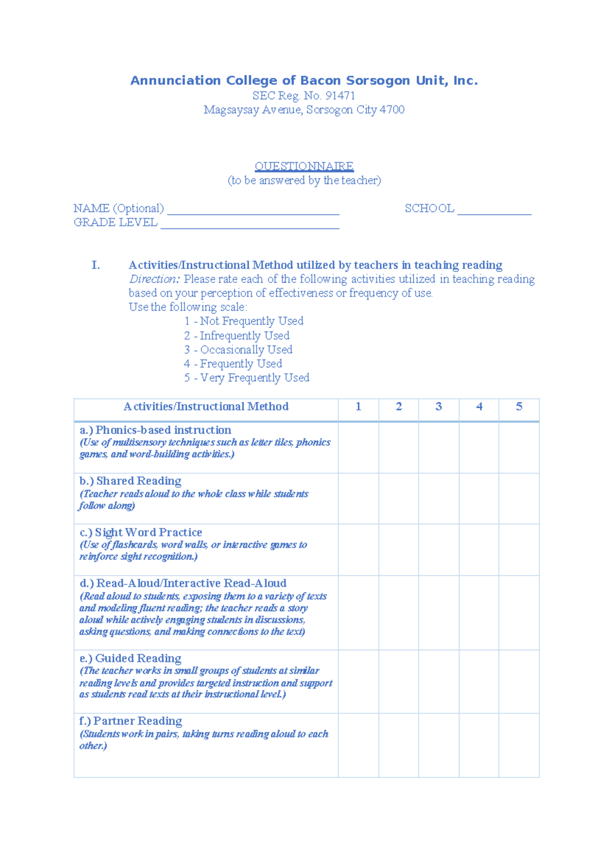 Teacher Questionnaire on Reading Instruction Practices - Studocu