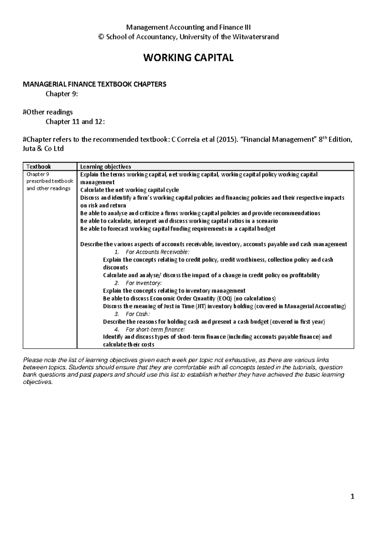 Working Capital Management Notes - ACC 1234 - Studocu