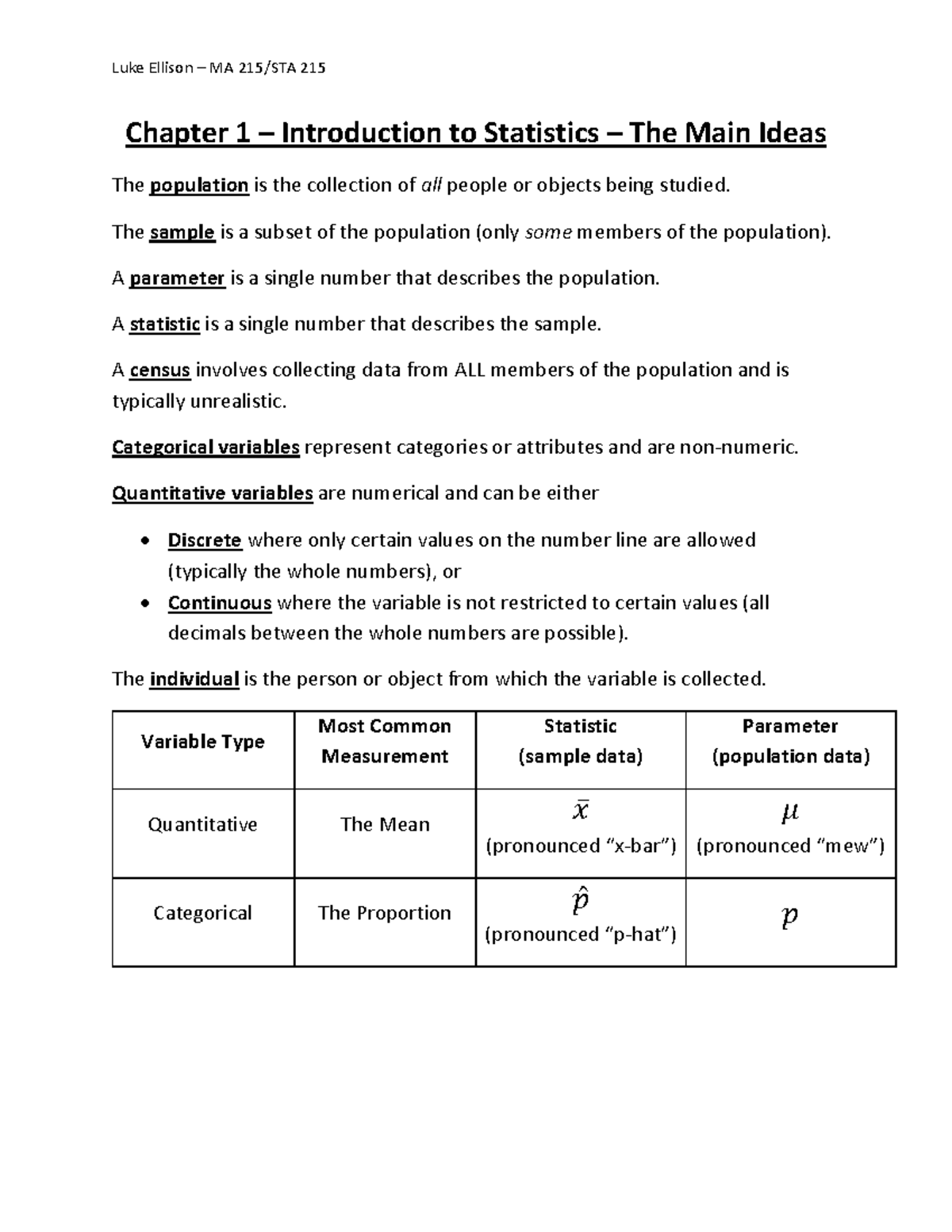 MA 215/STA 215 Chapter 1 Notes: Intro to Statistics Concepts - Studocu
