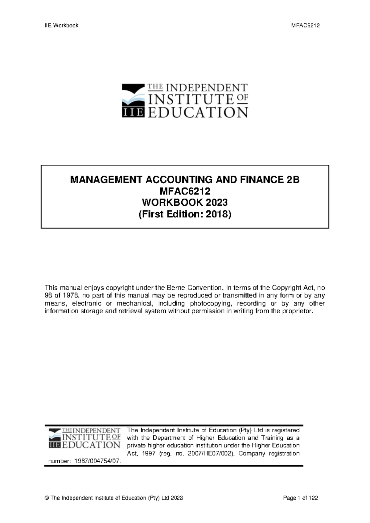 MFAC6212 Management Accounting & Finance 2B Workbook (2023 Edition ...