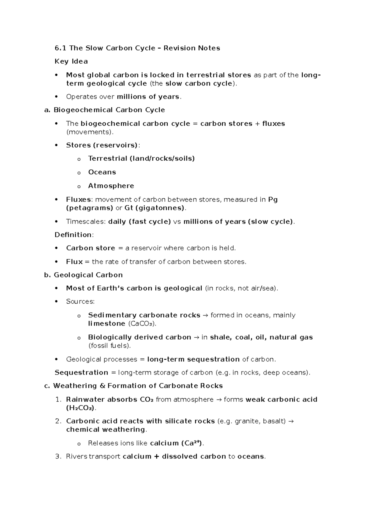 Carbon Cycle Notes: Slow & Fast Processes Overview (6.1 & 6.2) - Studocu