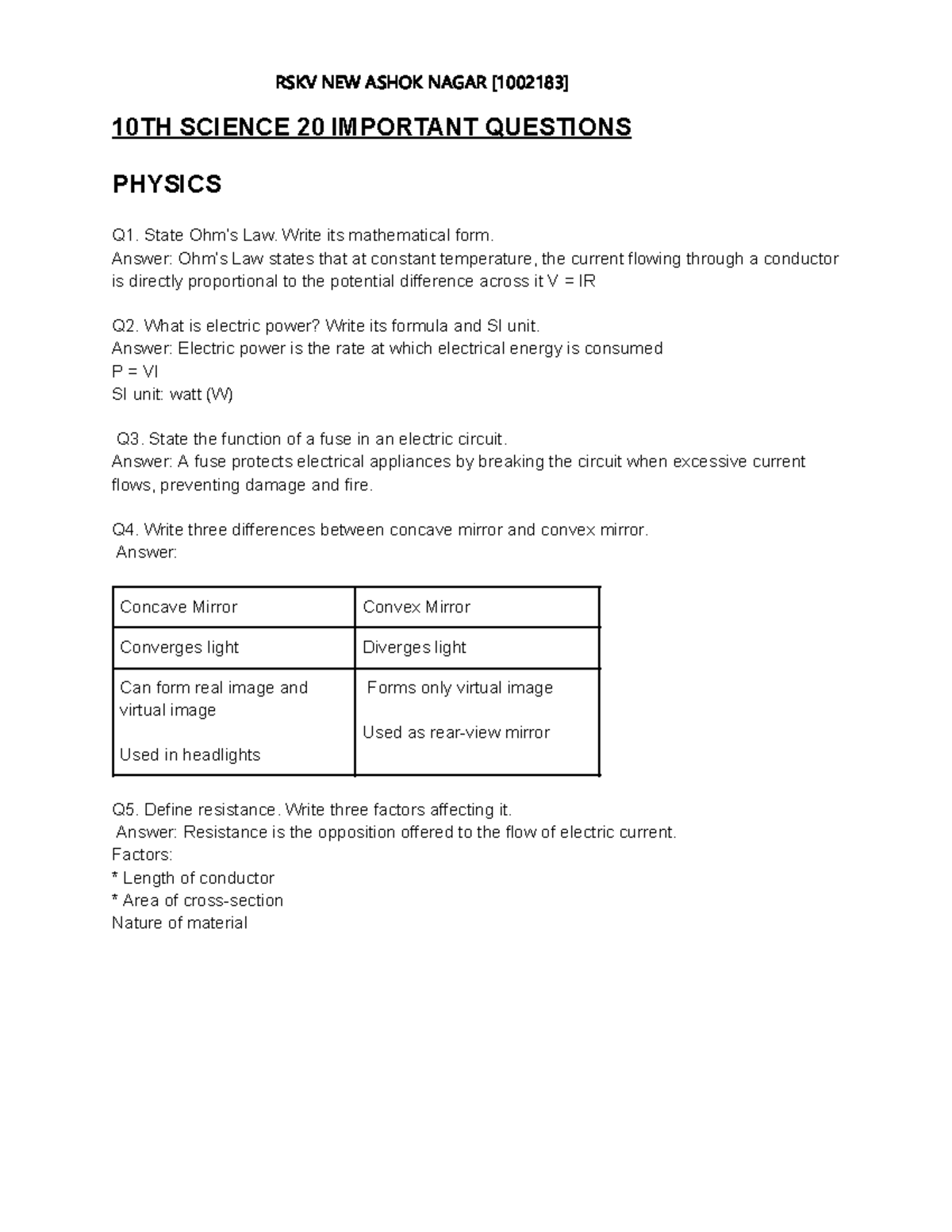 10TH SCIENCE RSKV: 20 Important Physics & Chemistry Questions - Studocu