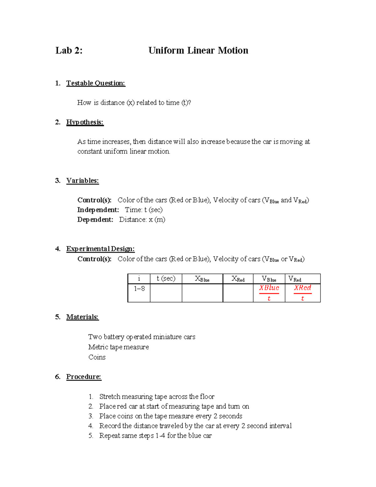 KVista PHY111L Uniform Linear Motion - Lab 2 : Uniform Linear Motion 1 ...