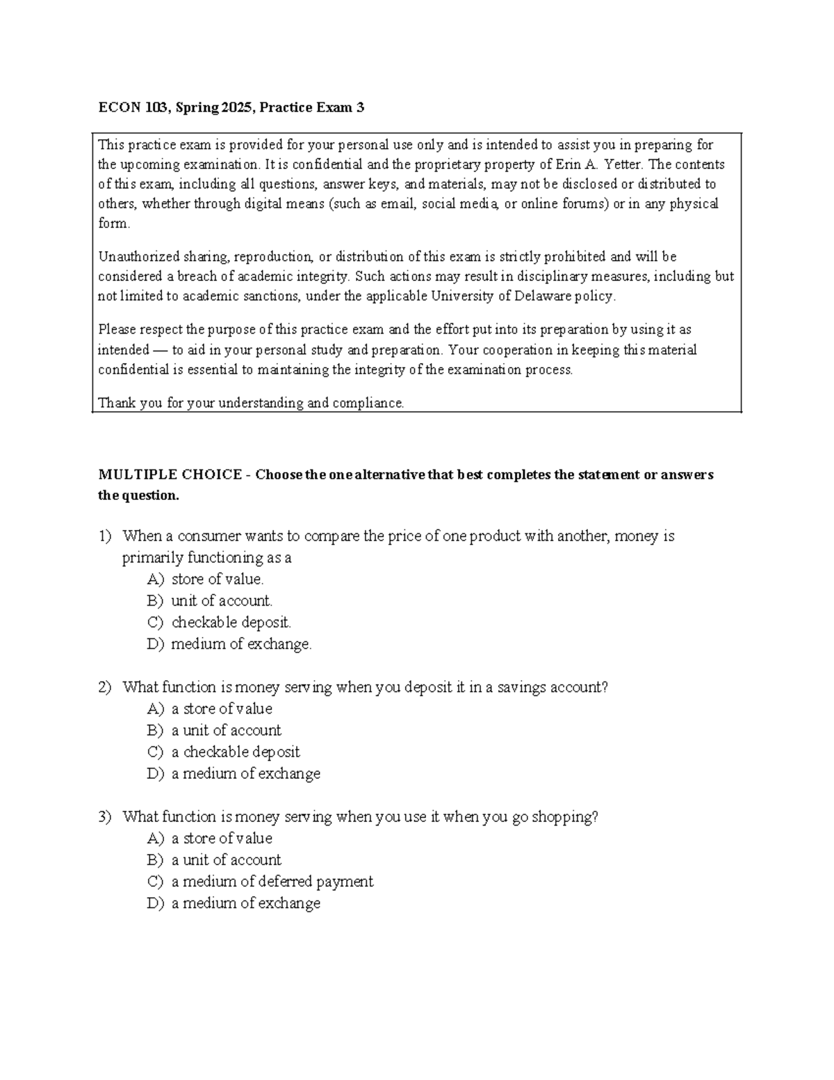 ECON 103, Spring 2025, Practice Exam 3 - Study Guide and Questions ...