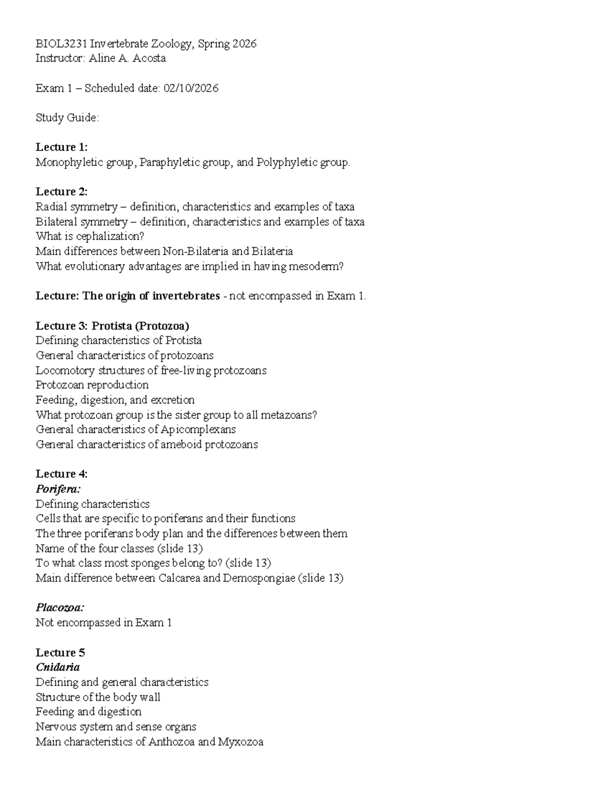 BIOL3231 Exam 1 Study Guide: Invertebrate Zoology Spring 2026 - Studocu