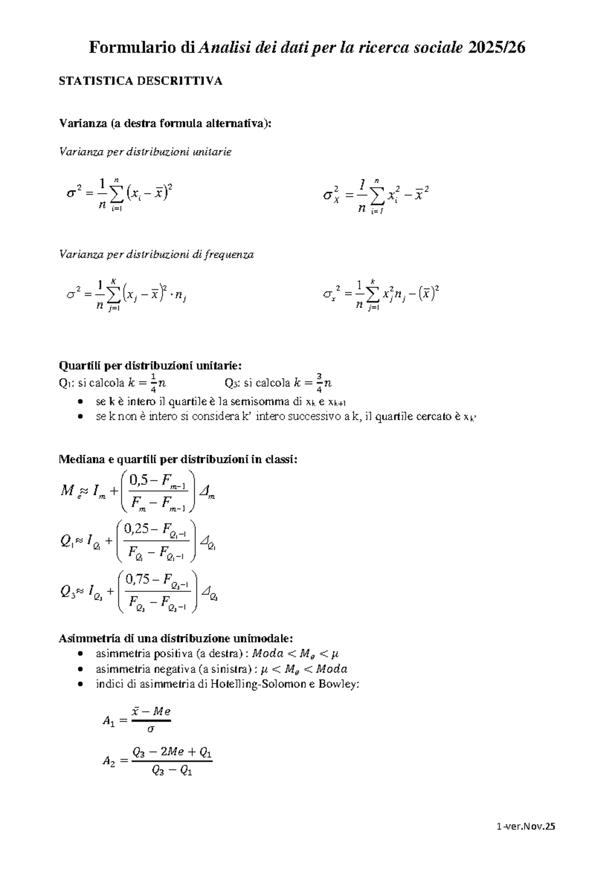 Formulario di Statistica Descrittiva: Analisi dei Dati STATISTICA ...