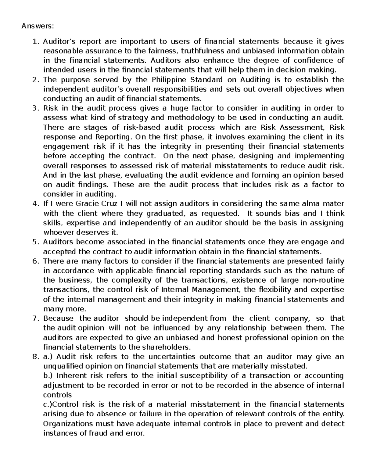 Answer Key: Principles of Auditing - Key Concepts and Risks Explained ...