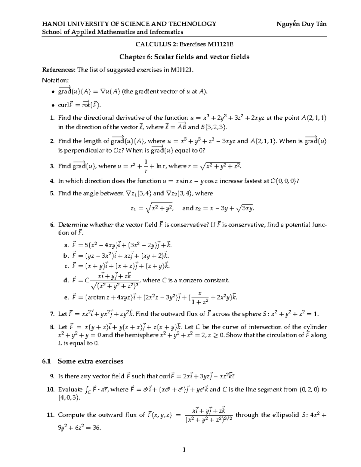 MI1121E Calculus 2: Exercises on Scalar & Vector Fields - Studocu