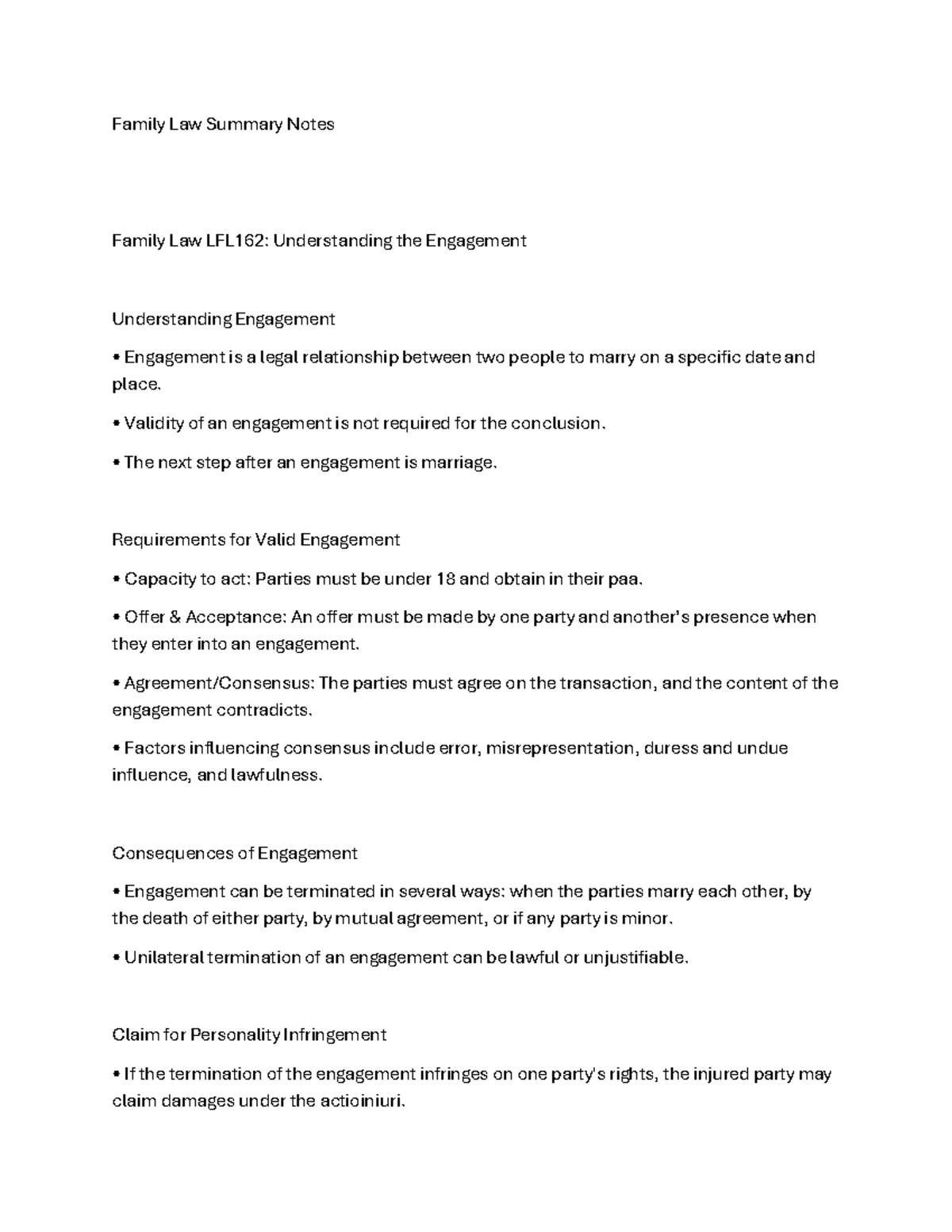 Family Law Summary Notes LFL162: Engagement and Marriage Insights - Studocu