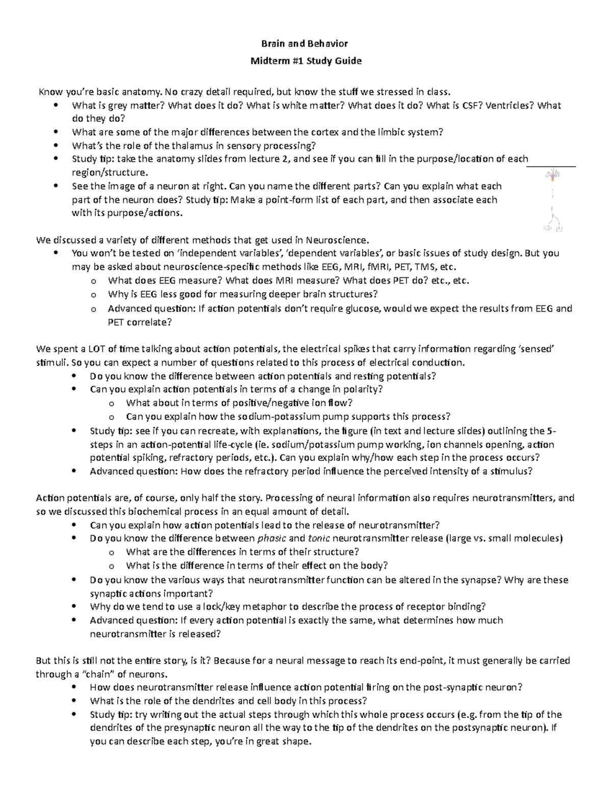 Midterm #1 Study Guide: Key Concepts in Brain and Behavior - Studocu