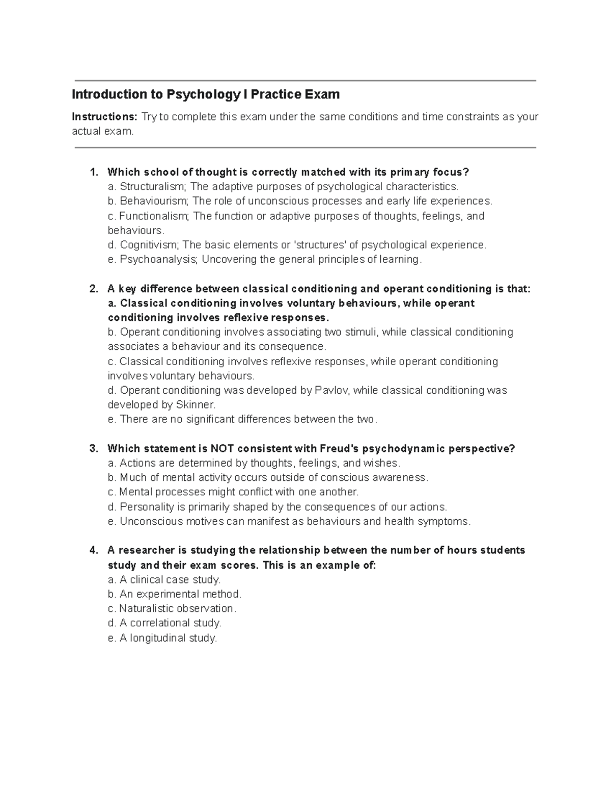 PSYU1101 Introduction to Psychology I Practice Exam Review - Studocu