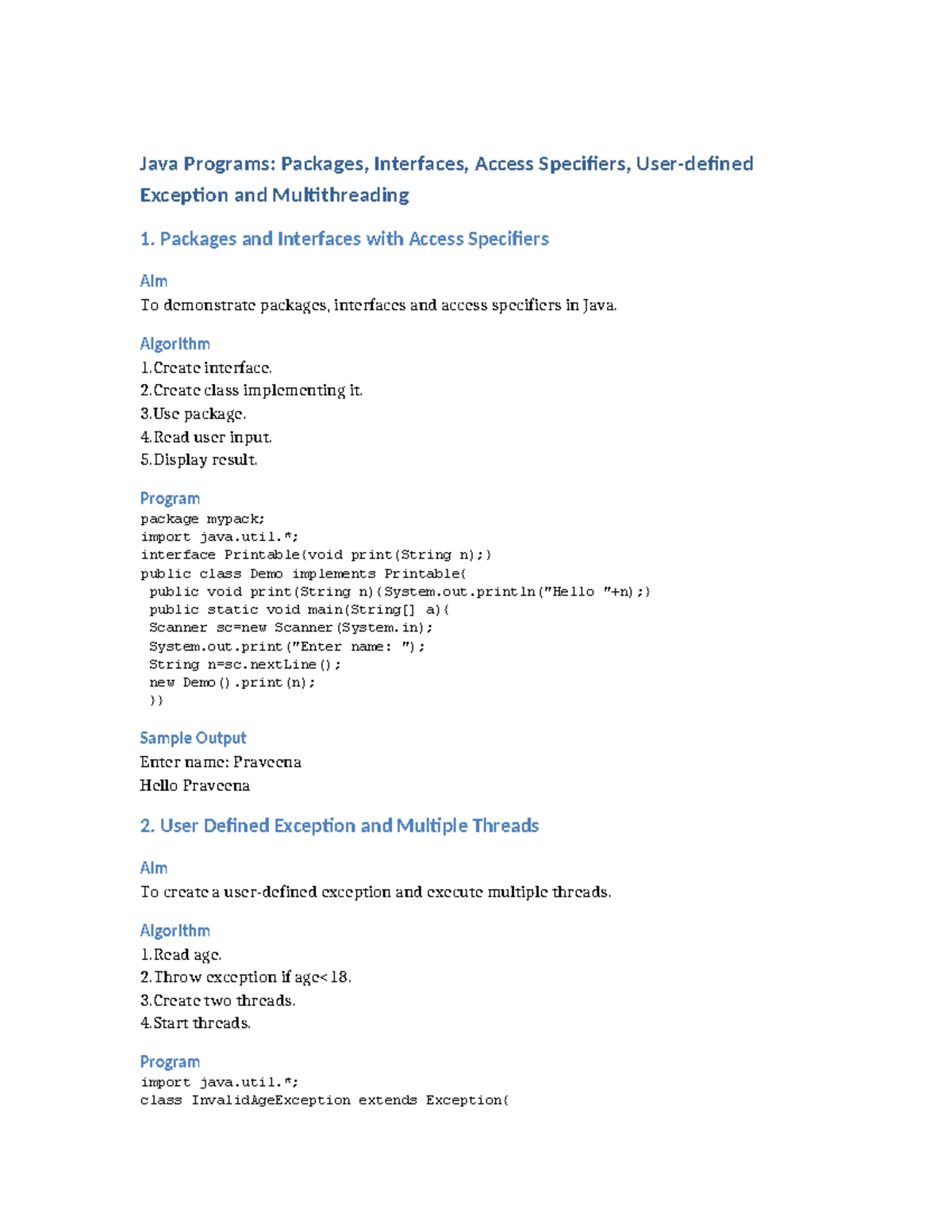 Java Lab Programs: Packages, Interfaces, Exceptions & Threads 1 - Studocu