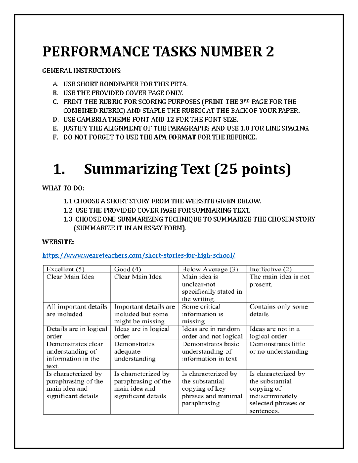 PETA Performance Task 2: Summarizing & Outlining English Essay - Studocu