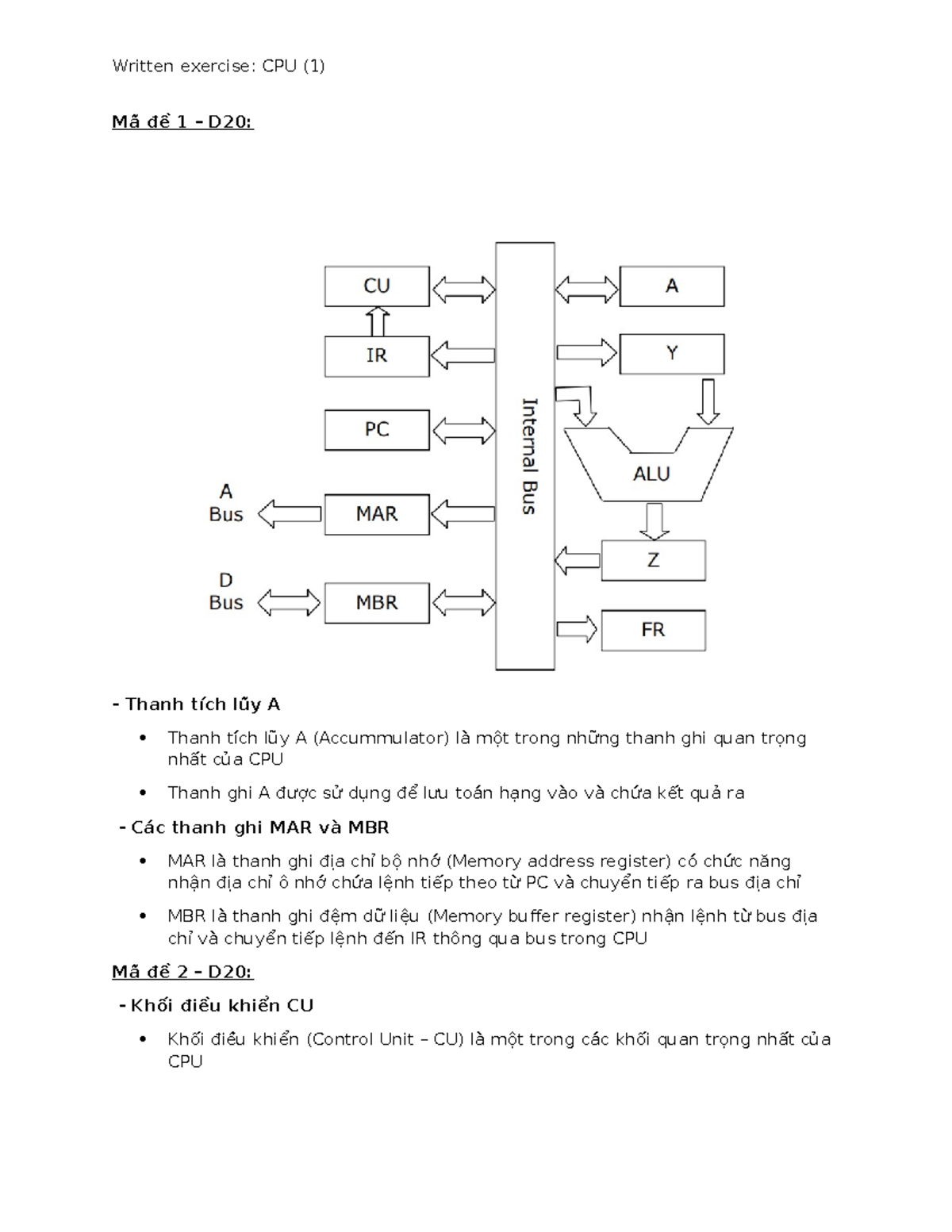 CPU 1 - Written Exercise: Overview of Key CPU Components and Functions ...