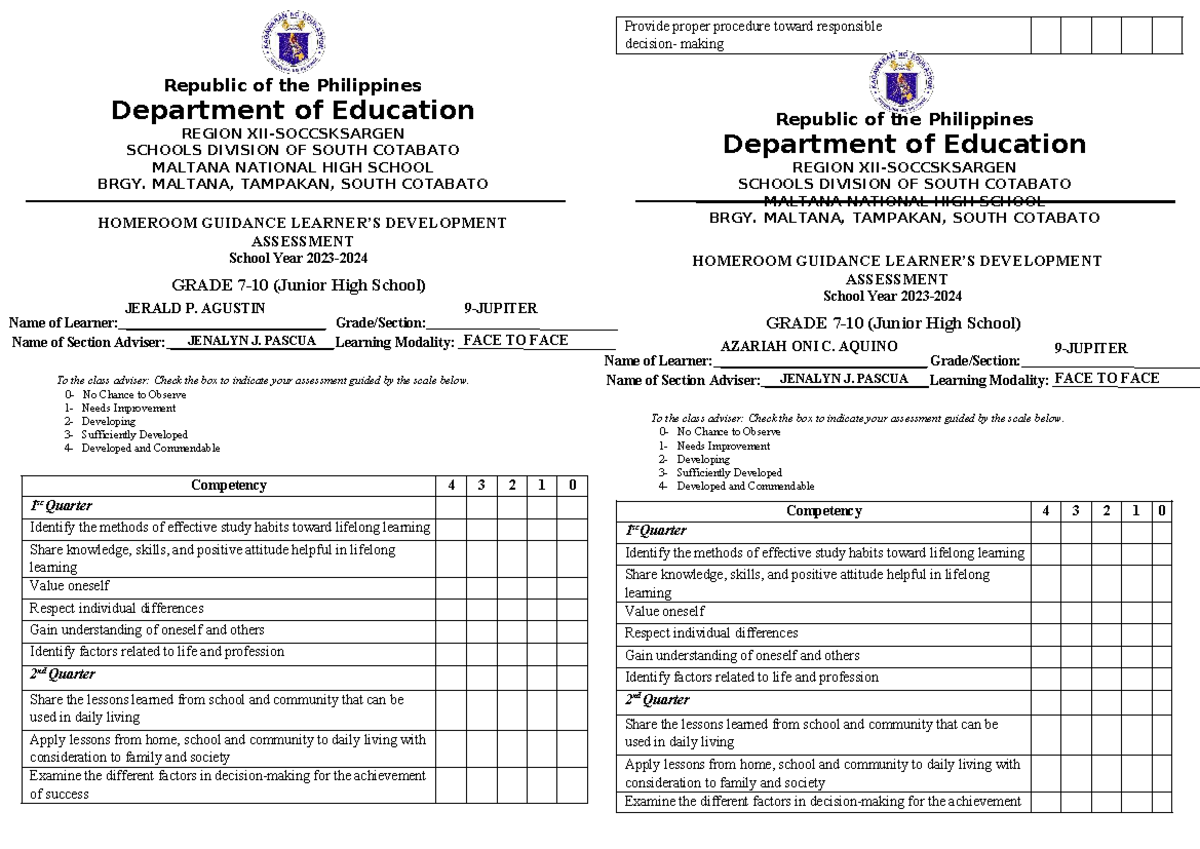 Homeroom Guidance Development Assessment (Grade 7) - Studocu