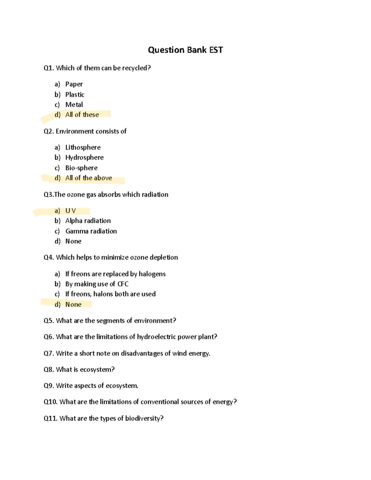 EST Question Bank: Environmental Science Quiz & Concepts - Studocu