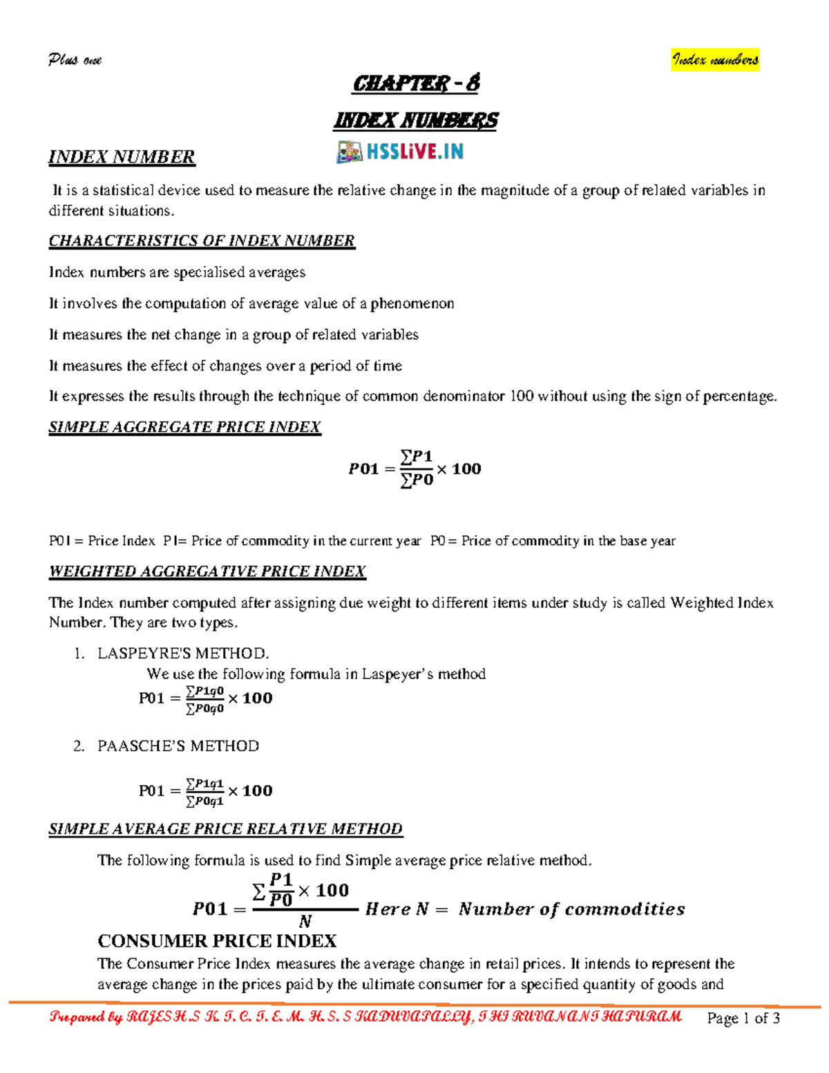 HSSLIVE XI Economics Chapter 8 Notes: Index Numbers - Studocu