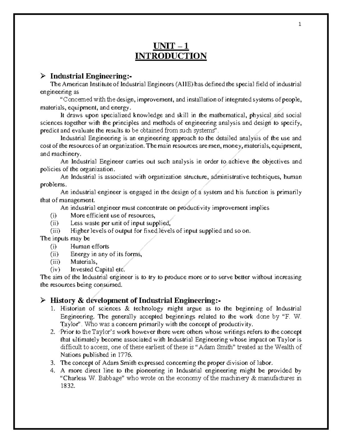 IEM 101: Unit 1 Lecture Notes on Industrial Engineering Concepts - Studocu