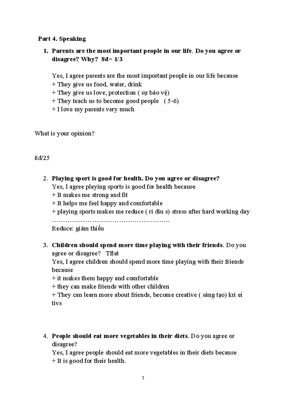 Part 4. Speaking Answers: Importance of Parents and Healthy Habits ...