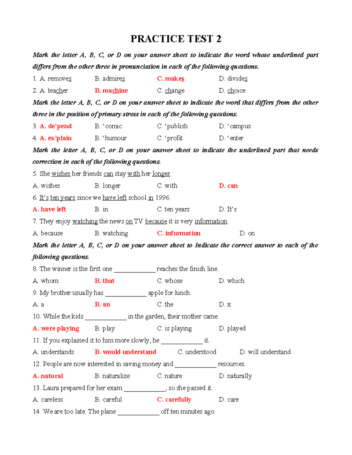 Practice Test 2 - Siêu Chi Tiết: Test Your English Skills! - Studocu