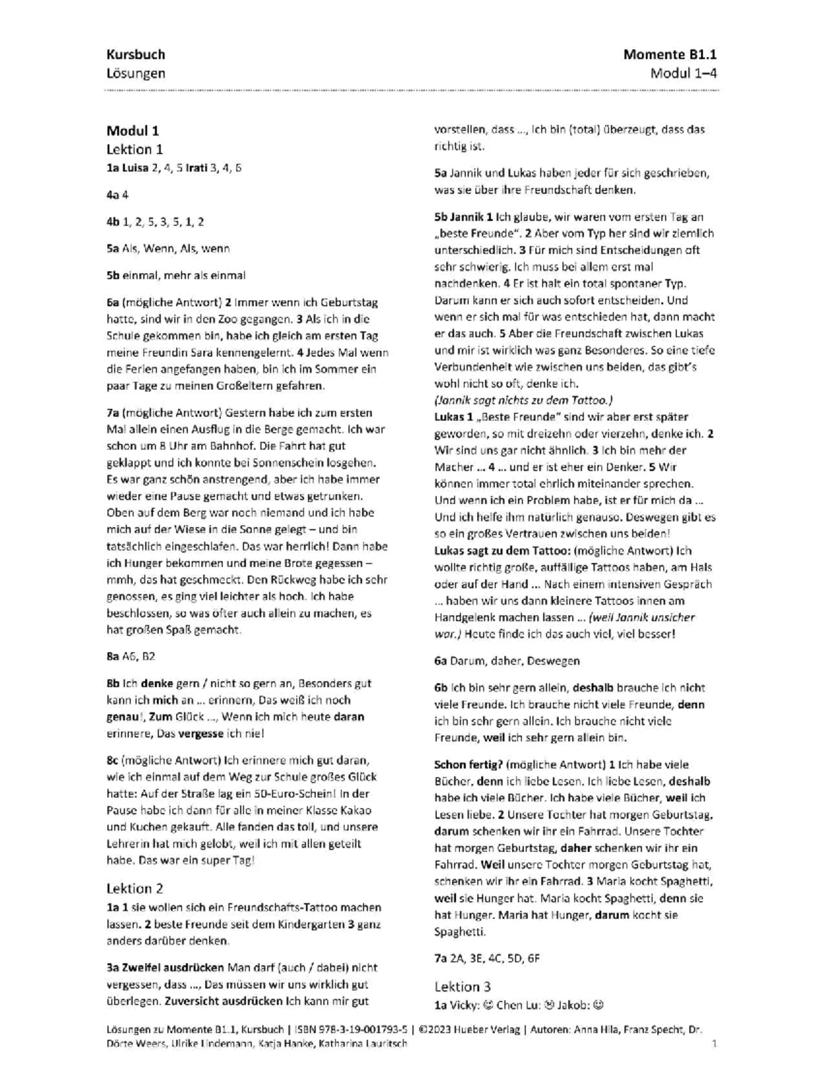 Arbeitsbuch Momente B1.1 Lösungen Lektionen 1-12 Übersicht - Studocu