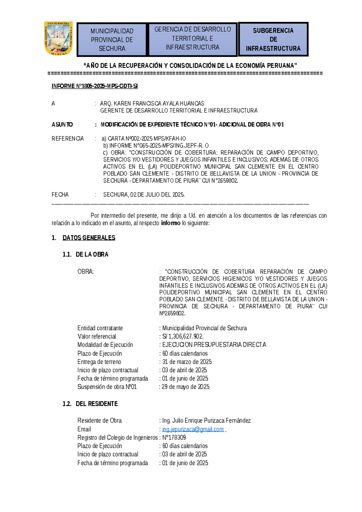 Informe 1805: Modificación de Expediente Técnico Adicional - SAN CLEMENTE - Document Preview
