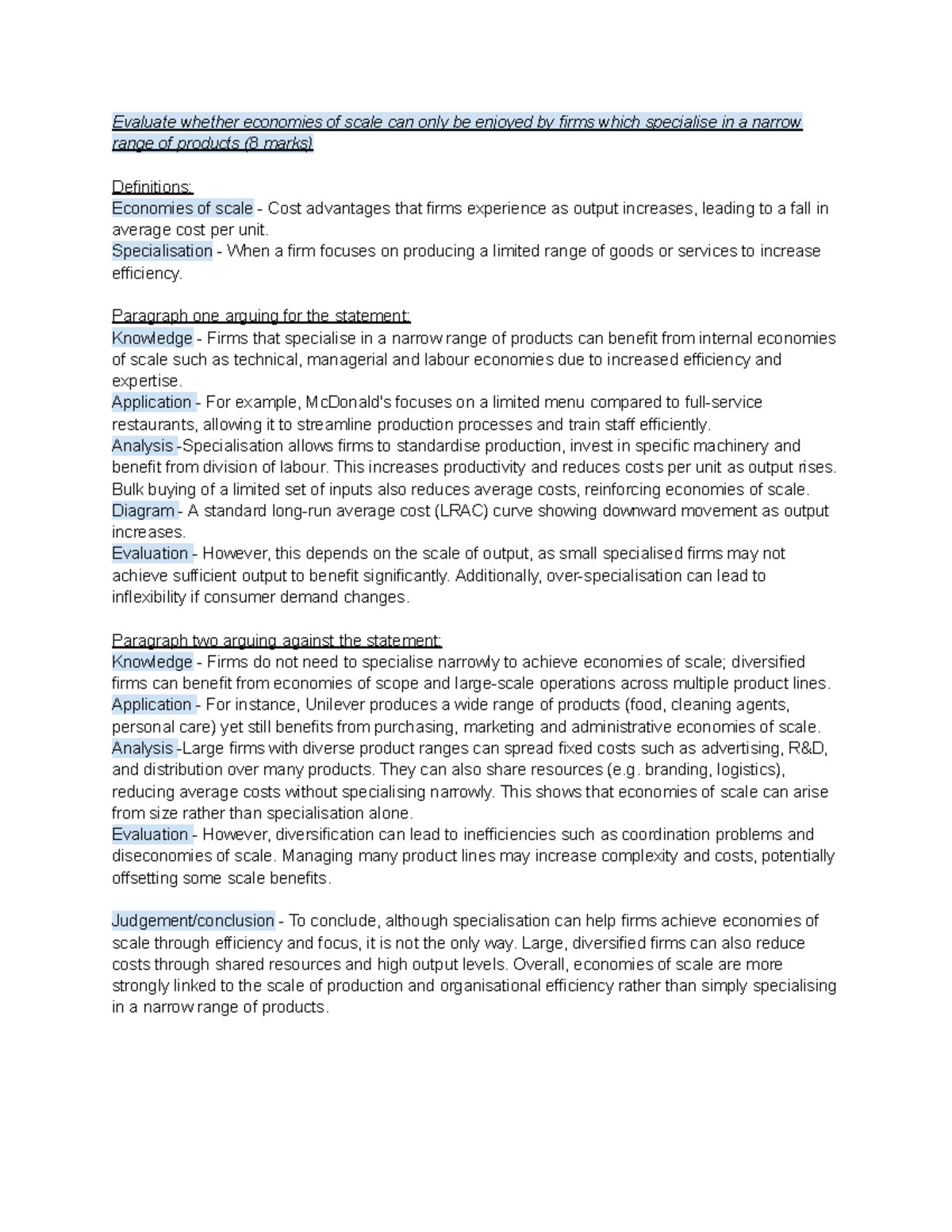 Micro Essay Plans for Economics (ECON101) - Studocu