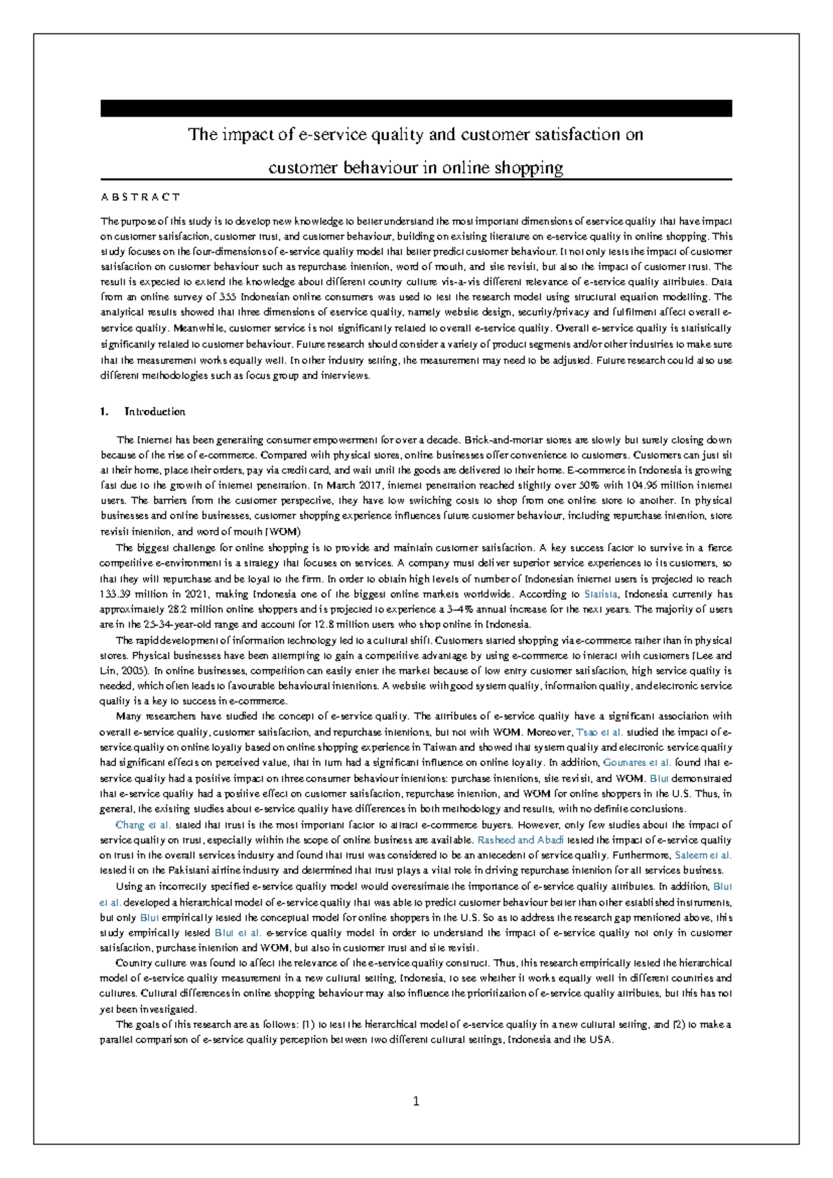 Servqual research paper - The impact of e-service quality and customer ...