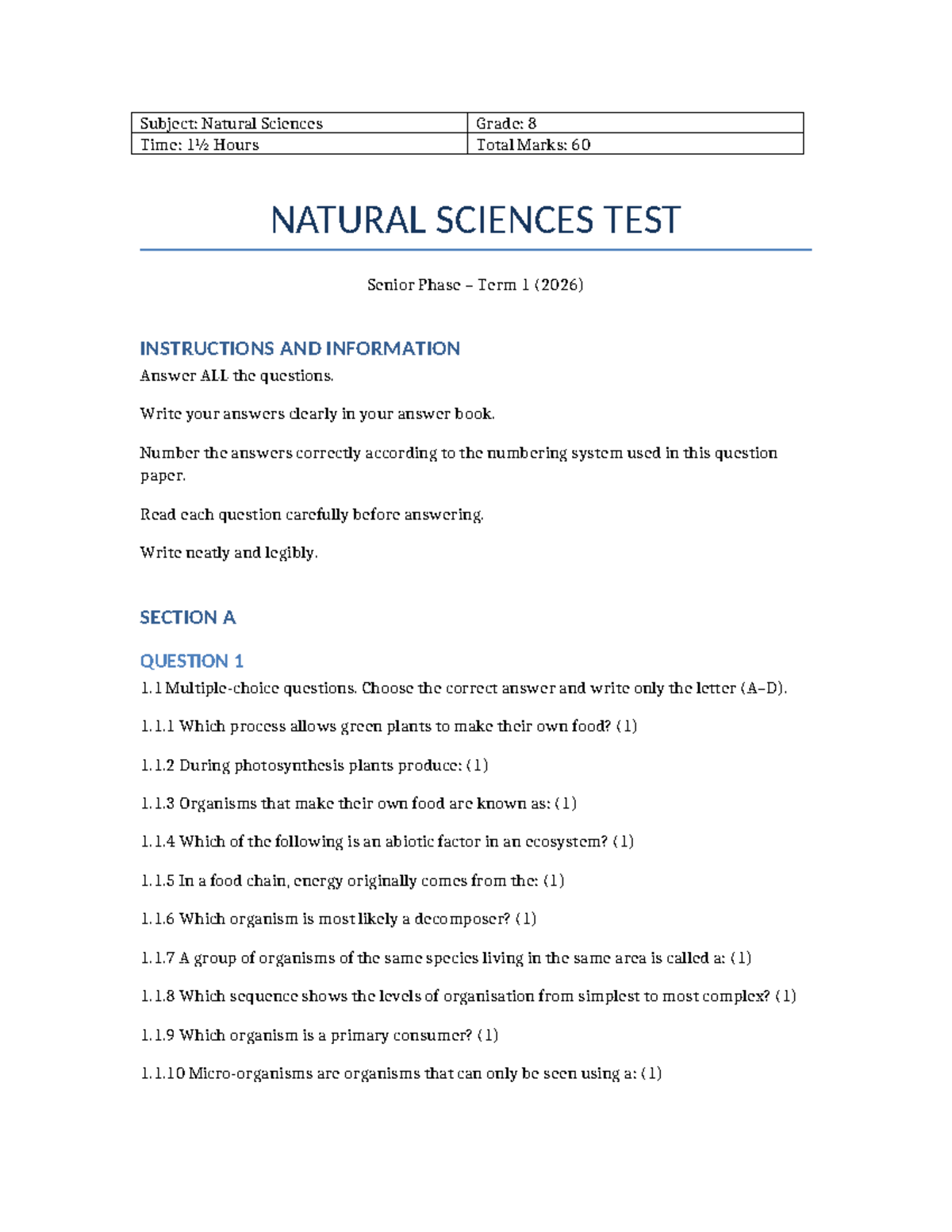 Grade 8 NS DBE Final Test: Natural Sciences Term 1 (2026) - Studocu