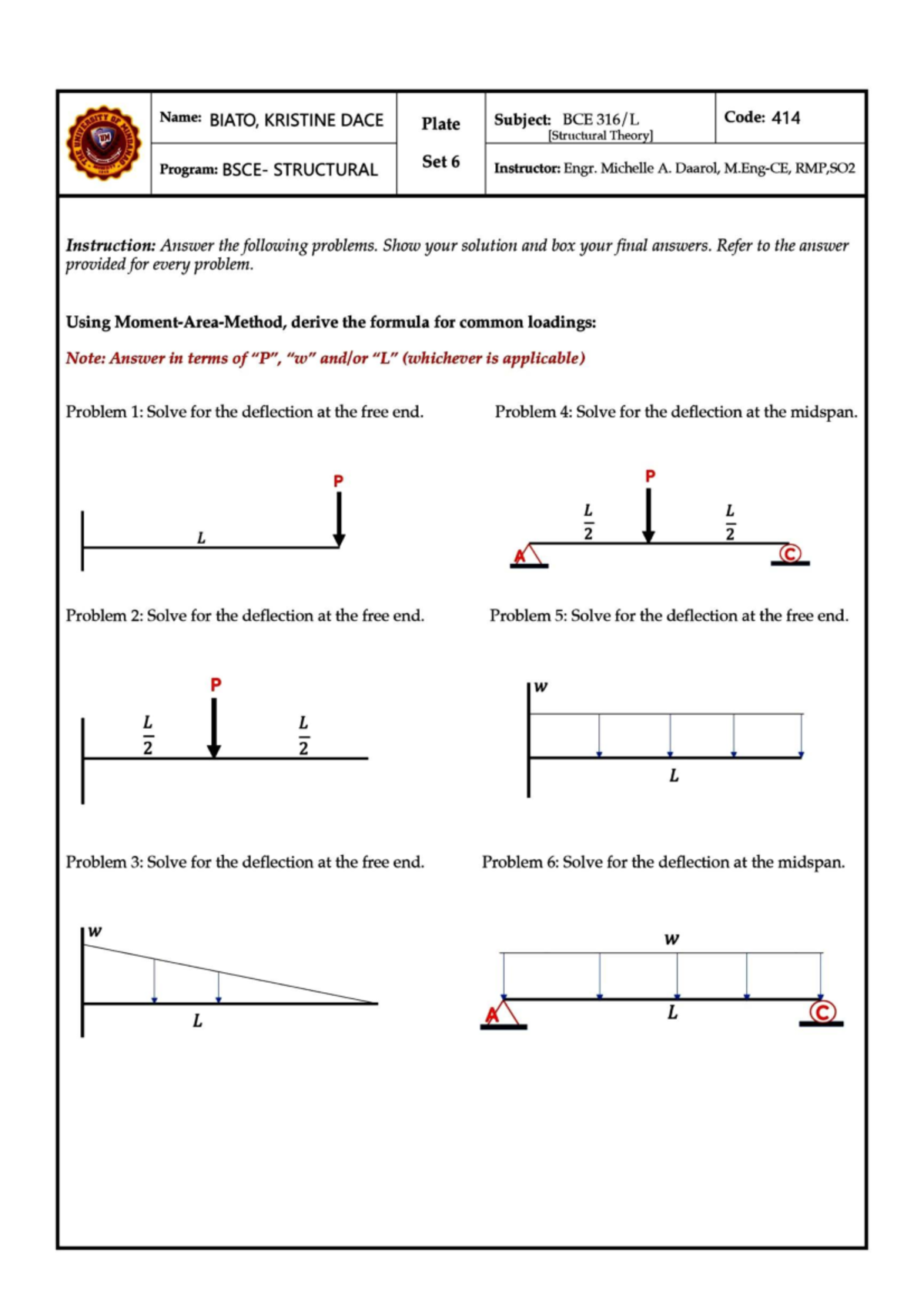 BCE 414 Structural Engineering: Deflection Problems Set 6 - Studocu