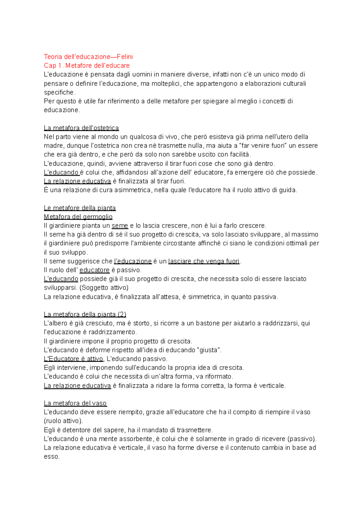 Teoria dell'Educazione: Metafore e Relazioni Educative (FEL 101) - Studocu