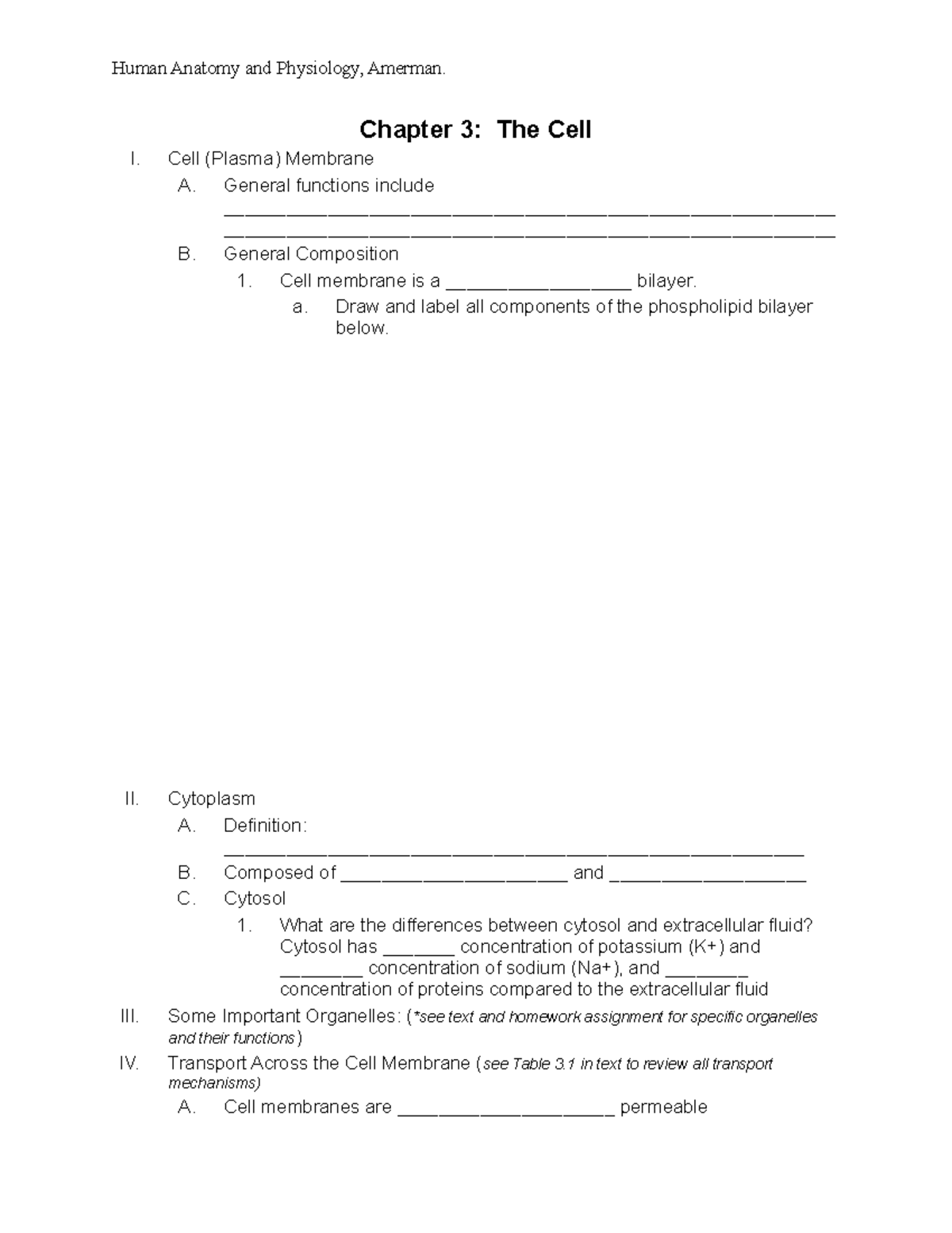 BIO 109HYB Chapter 3 Outline Notes Amerman - Human Anatomy and ...