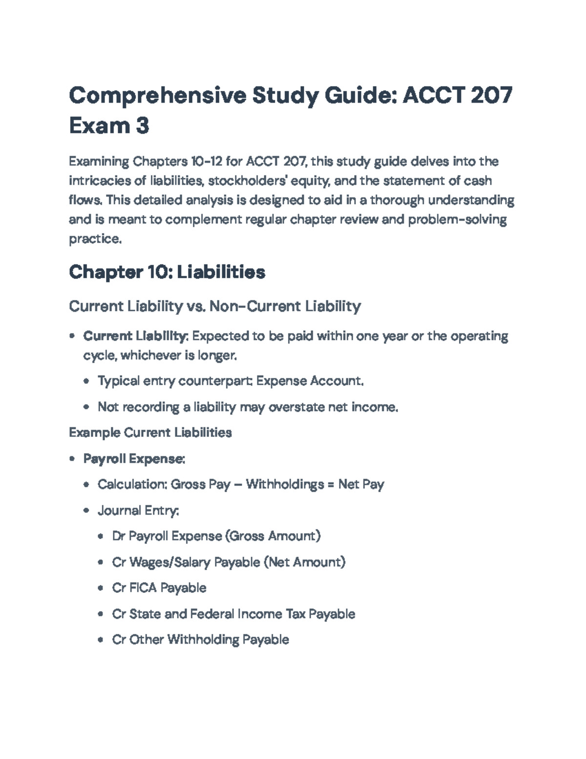 Comprehensive Study Guide for ACCT 207: Exam 3 (Chapters 10-12 ...