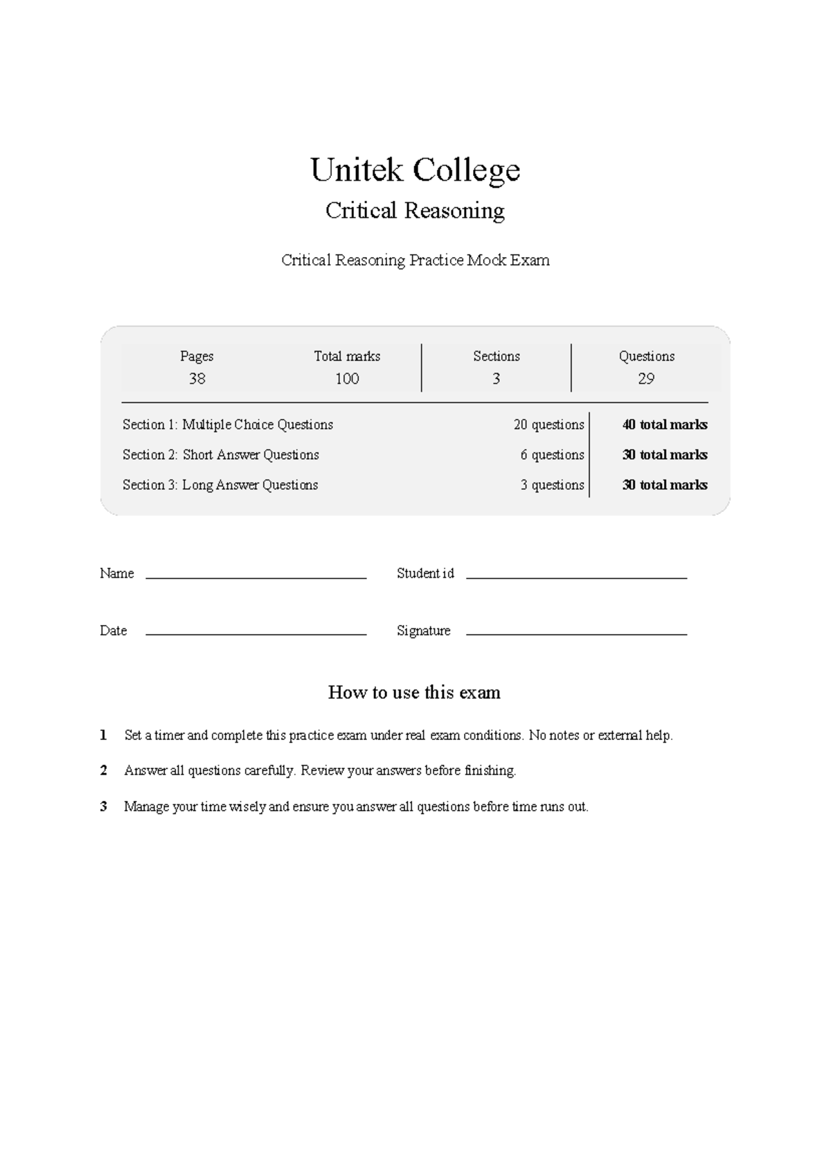 Unitek College CR 101 Final Exam Practice Mock Exam Guide - Studocu
