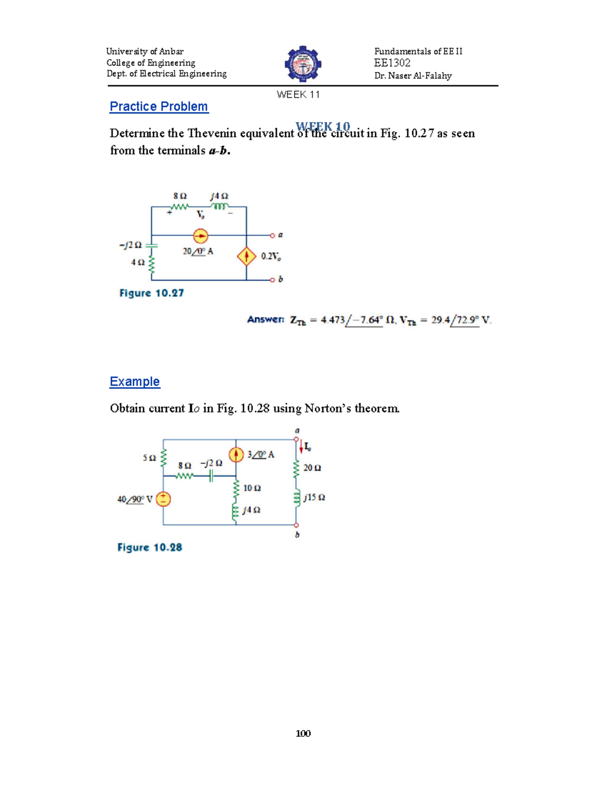 EE1302 Fundamentals of EE II - Week 11 Practice Problems and Concepts ...