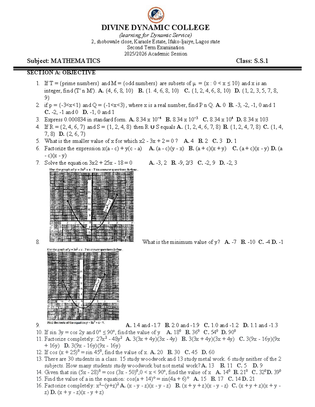 Mathematics S.S.1 Second Term Exam Questions and Solutions - Studocu